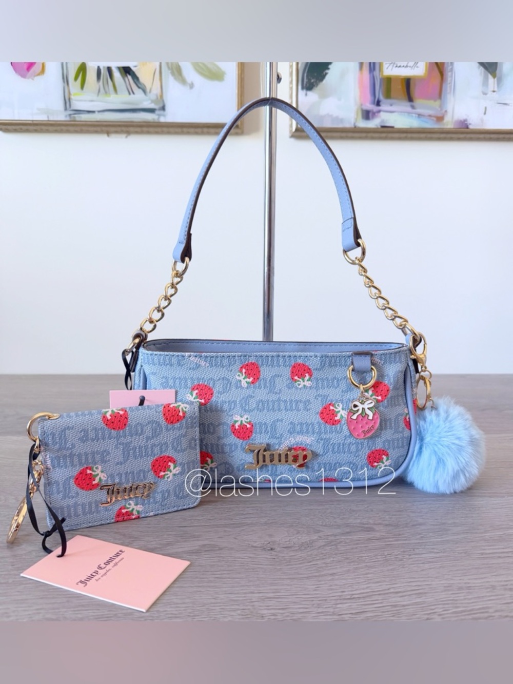 JUICY COUTURE Berry Sweet Shoulder Bag and Wallet Set - Blue with Strawberry